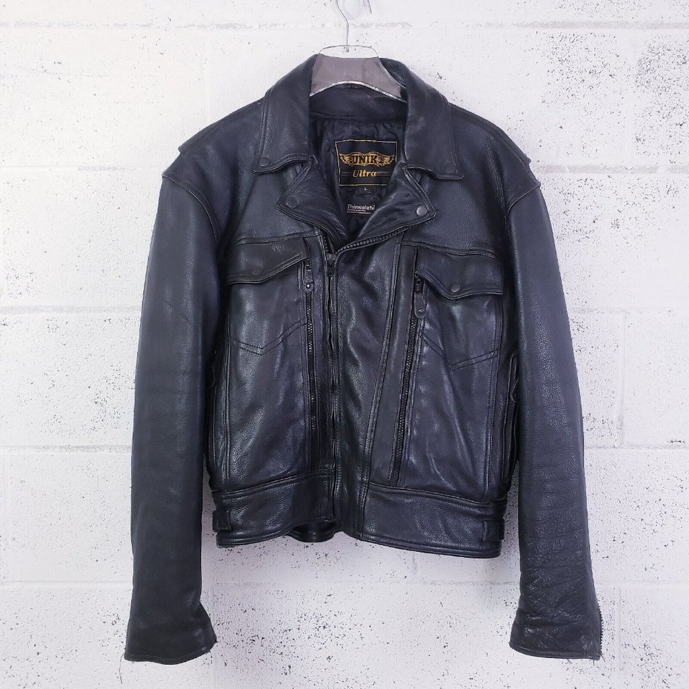 Unik Ultra Black Leather Motorcycle Biker Jacket  Insulated Size Large